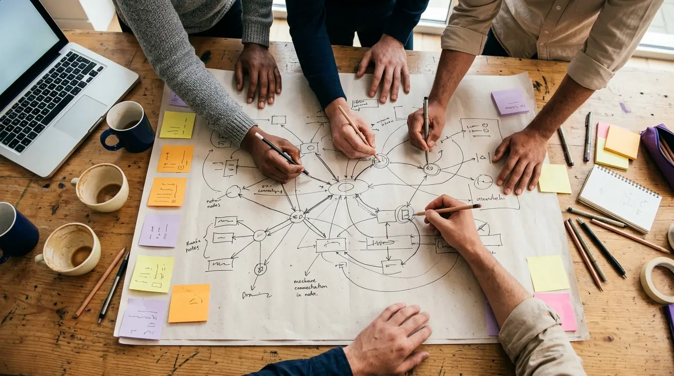 Vue de dessus d’une table d’atelier : plusieurs personnes dessinent un schéma d’architecture réseau sur une grande feuille, entourée de notes autocollantes et d’un ordinateur portable.