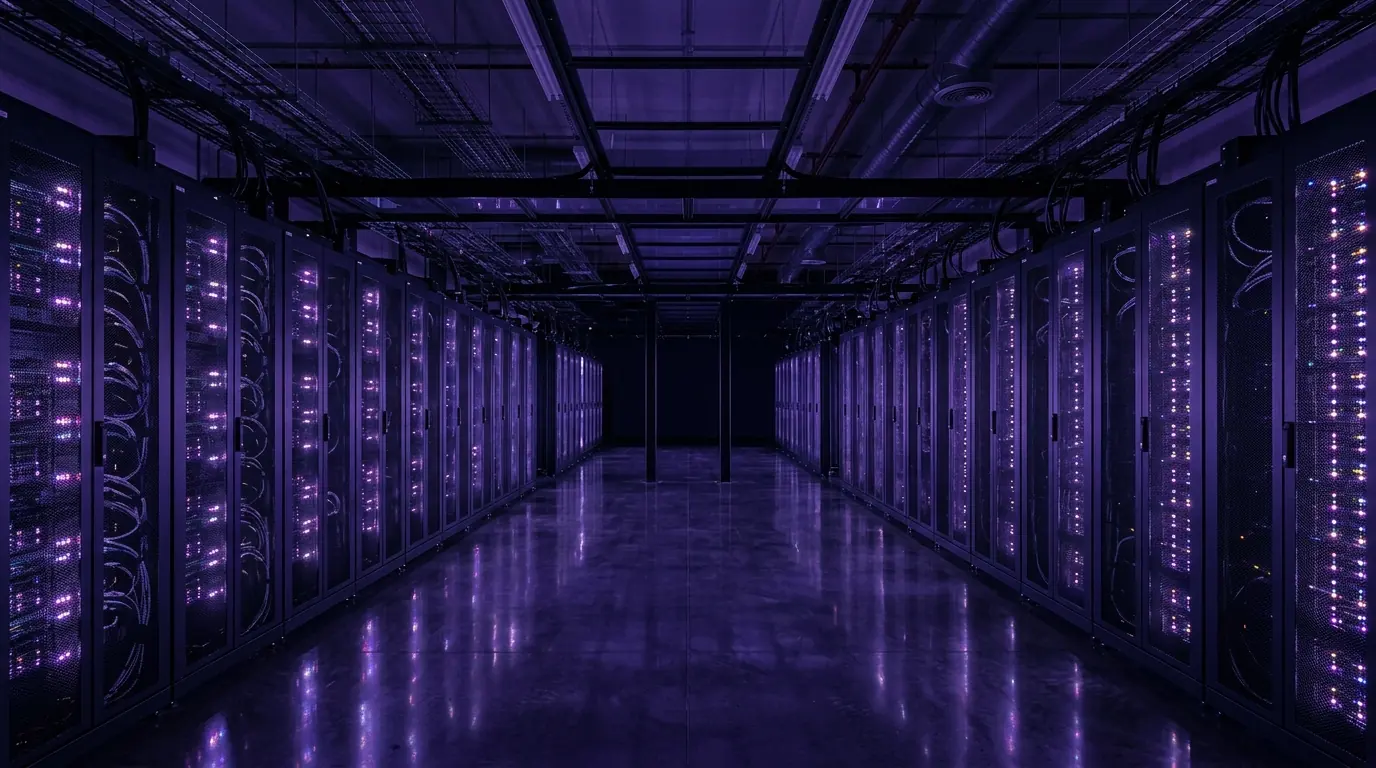 Allée froide d’une salle serveurs : deux rangées de baies sombres aux voyants violets, sol poli.