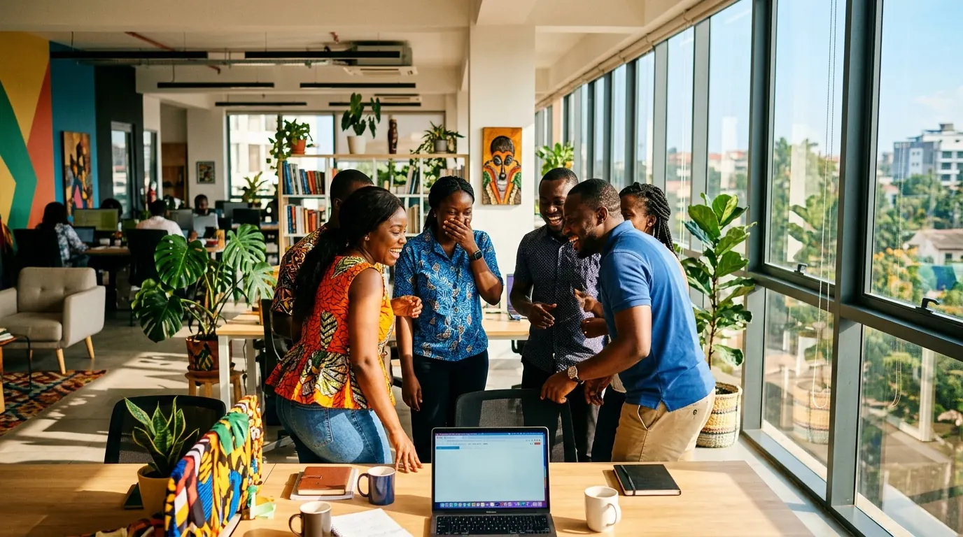 Une équipe réunie autour d’un ordinateur portable dans un bureau lumineux d’Abidjan.